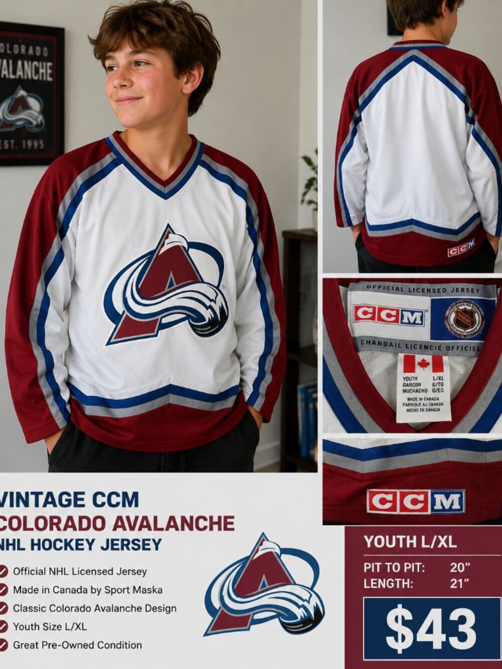 π Vintage CCM Colorado Avalanche NHL Jersey Youth L/XL Made in Canada π - Picture 8 of 8